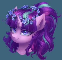Size: 1480x1440 | Tagged: safe, alternate version, artist:orchidpony, imported from derpibooru, starlight glimmer, pony, unicorn, bust, cute, ear fluff, floral head wreath, flower, flower in hair, glimmerbetes, heart, heart eyes, portrait, redraw, simple background, smiling, solo, wingding eyes