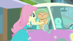 Size: 1280x720 | Tagged: safe, imported from derpibooru, screencap, fluttershy, cat, driving miss shimmer, equestria girls, equestria girls series, clothes, cutie mark, cutie mark on clothes, driving miss shimmer: fluttershy, eyes closed, fluttershy's car, geode of fauna, magical geodes, mini cooper, miss kitty, out of context