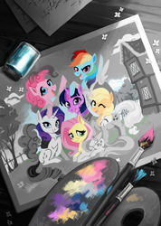 Size: 1500x2101 | Tagged: safe, artist:weird--fish, imported from derpibooru, applejack, fluttershy, pinkie pie, rainbow dash, rarity, twilight sparkle, earth pony, pegasus, pony, unicorn, mane six, mane six opening poses, re:questria