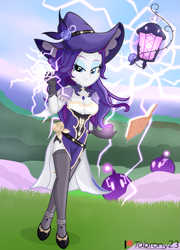 Size: 1471x2039 | Tagged: safe, artist:tabrony23, imported from derpibooru, rarity, equestria girls, bedroom eyes, book, breasts, busty rarity, clothes, cosplay, costume, cute, electricity, female, floating, genshin impact, gloves, grass, high res, lamp, lightning, lisa (genshin impact), looking at you, magic, patreon, patreon logo, sexy, shoes, show accurate, signature, slimes (genshin impact), smiling, solo, solo female