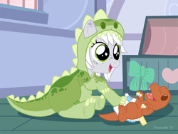 Size: 1000x750 | Tagged: safe, artist:veemonsito, imported from derpibooru, oc, oc only, oc:fossil fluster, dinosaur, earth pony, pony, animal costume, animal onesie, clothes, costume, diaper, diaper under clothes, diapering, dinosaur costume, earth, kigurumi, onesie, plushie, toddler