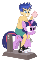 Size: 900x1320 | Tagged: safe, artist:dm29, imported from derpibooru, flash sentry, twilight sparkle, alicorn, equestria girls, clothes, cotton candy, flash sentry riding twilight, humans riding ponies, kiddie ride, partial nudity, pony ride, riding, riding a pony, simple background, topless, transparent background, twilight sparkle (alicorn)