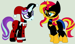 Size: 693x409 | Tagged: safe, artist:jadeharmony, artist:jadethepegasus, artist:selenaede, imported from derpibooru, starlight glimmer, sunset shimmer, pony, unicorn, base used, batgirl, batman, belt, boots, cape, clothes, cosplay, costume, crossover, dc comics, female, gloves, gray background, harley quinn, lesbian, lipstick, mare, mask, shimmerglimmer, shipping, shoes, simple background