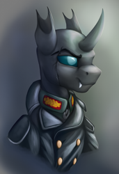 Size: 2080x3040 | Tagged: safe, artist:richmay, imported from derpibooru, oc, oc only, changeling, equestria at war mod, blue changeling, bust, changeling oc, clothes, german, military, military uniform, portrait, scar, solo, uniform, world war ii