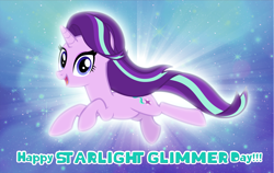 Size: 4600x2900 | Tagged: safe, artist:andoanimalia, imported from derpibooru, starlight glimmer, pony, unicorn, cute, floating, flying, glimmerbetes, glowing, happy, heart, looking at you, magic, smiling, solo, starlight glimmer day, stars, story included, text