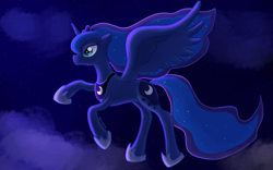 Size: 1440x900 | Tagged: safe, artist:azukatara, imported from derpibooru, princess luna, alicorn, pony, blue eyes, cloud, crown, ethereal mane, female, flowing mane, flowing tail, flying, hoof shoes, horn, jewelry, night, regalia, sky, smiling, solo, spread wings, starry mane, starry tail, stars, tail, wings