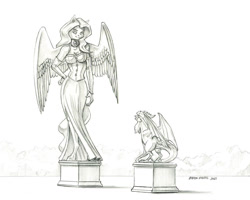 Size: 1280x1024 | Tagged: safe, artist:baron engel, imported from derpibooru, oc, oc:silvia, anthro, cockatrice, pegasus, unguligrade anthro, breasts, cleavage, clothes, dress, female, grayscale, monochrome, patreon, patreon reward, pencil drawing, petrification, simple background, solo, stare, statue, traditional art, white background