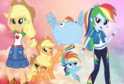 Size: 1803x1221 | Tagged: safe, imported from derpibooru, applejack, rainbow dash, earth pony, pegasus, pony, equestria girls, equestria girls series, my little pony: pony life, spoiler:eqg series (season 2), ashleigh ball, g4.5, geode of super speed, geode of super strength, inflation, magical geodes, pony life, rainblimp dash, wallpaper