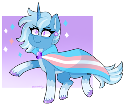 Size: 640x545 | Tagged: safe, artist:emera33, imported from derpibooru, trixie, pony, unicorn, alternate hairstyle, cape, clothes, coat markings, colored hooves, ear piercing, earring, female, gender headcanon, headcanon, jewelry, lgbt headcanon, piercing, pride, pride flag, short hair, socks (coat markings), sparkles, trans female, trans trixie, transgender, transgender pride flag, unshorn fetlocks