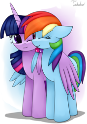 Size: 2480x3507 | Tagged: safe, artist:twidasher, imported from derpibooru, rainbow dash, twilight sparkle, alicorn, pegasus, pony, duo, feather, female, hug, lesbian, looking at each other, mare, one eye closed, shipping, signature, simple background, twidash, twilight sparkle (alicorn), white background, winghug, wings