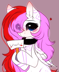 Size: 2127x2591 | Tagged: safe, artist:1fresita, artist:krissstudios, imported from derpibooru, oc, oc only, oc:mizhore, pegasus, pony, blushing, eye clipping through hair, female, floating heart, heart, mare, sign, simple background, solo, uwu