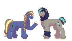 Size: 1280x732 | Tagged: safe, artist:itstechtock, imported from derpibooru, oc, oc:diamond, oc:juniper berry, earth pony, pony, female, flower, male, mare, offspring, parent:applejack, parent:oc:ash bark, parents:canon x oc, simple background, stallion, transparent background