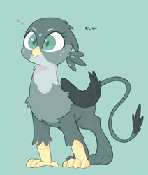 Size: 1922x2271 | Tagged: safe, artist:noupu, imported from derpibooru, gabby, griffon, 2021, adorable face, claws, colored pupils, cute, featured image, female, fluffy, folded wings, gabbybetes, green background, hair tie, high res, japanese, paws, simple background, smiling, solo, sparkles, standing, text, wings