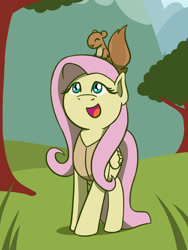 Size: 1350x1800 | Tagged: safe, artist:flutterluv, imported from derpibooru, fluttershy, pegasus, pony, squirrel, winter wrap up, cute, daaaaaaaaaaaw, open mouth, shyabetes, smiling, spring, tree, winter wrap up (event), winter wrap up vest