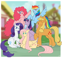 Size: 2334x2200 | Tagged: safe, artist:greenarsonist, imported from derpibooru, applejack, fluttershy, pinkie pie, rainbow dash, rarity, twilight sparkle, alicorn, earth pony, pegasus, pony, unicorn, alternate hairstyle, colored hooves, fat, female, gender headcanon, group photo, headcanon, lgbt headcanon, looking at you, lying down, mane six, mane six opening poses, nonbinary, one eye closed, ponyville, pudgy pie, raised hoof, redraw, sitting, smiling, smiling at you, text, trans female, transgender, twilight sparkle (alicorn), unshorn fetlocks, wink, winking at you