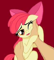 Size: 985x1085 | Tagged: safe, artist:lockerobster, edit, imported from derpibooru, apple bloom, earth pony, human, pony, 1000 hours in ms paint, adorabloom, art theft, bow, cheek squish, cute, disembodied hand, female, filly, floppy ears, hair bow, hand, hand on cheek, human on pony petting, human on pony snuggling, interspecies, lidded eyes, looking at you, offscreen character, one eye closed, petting, pov, simple background, smiling, snuggling, solo focus, squishy cheeks, trace