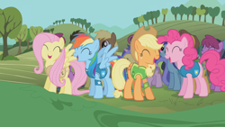 Size: 1280x720 | Tagged: safe, imported from derpibooru, screencap, applejack, fluttershy, minuette, pinkie pie, rainbow dash, earth pony, pegasus, pony, unicorn, season 1, winter wrap up, ^^, background pony, cute, dashabetes, diapinkes, eyes closed, jackabetes, shyabetes, winter wrap up vest