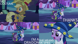 Size: 1280x720 | Tagged: safe, edit, edited screencap, editor:quoterific, imported from derpibooru, screencap, applejack, spike, twilight sparkle, dragon, earth pony, pony, unicorn, luna eclipsed, angry, clothes, costume, duo, eyes closed, female, halloween, halloween costume, holiday, male, open mouth, solo, star swirl the bearded costume, teeth, twilight is not amused, twilight sparkle is not amused, unamused, unicorn twilight