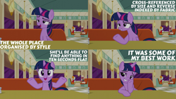 Size: 1280x720 | Tagged: safe, edit, edited screencap, editor:quoterific, imported from derpibooru, screencap, beaude mane, joan pommelway, twilight sparkle, alicorn, earth pony, pony, the saddle row review, background pony, eyes closed, female, male, open mouth, sitting, teeth, trio, twilight sparkle (alicorn)