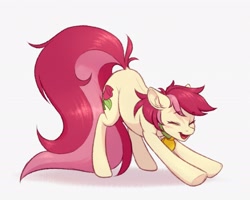 Size: 2416x1928 | Tagged: safe, artist:barlerd, imported from derpibooru, roseluck, earth pony, pony, behaving like a cat, blushing, collar, commission, commissioner:doom9454, cute, eyes closed, long tail, open mouth, pet tag, pony pet, rosepet, simple background, solo, stretching, white background