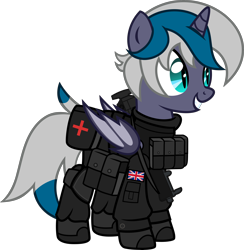 Size: 6000x6148 | Tagged: safe, artist:n0kkun, imported from derpibooru, oc, oc only, oc:elizabat stormfeather, alicorn, bat pony, bat pony alicorn, pony, alicorn oc, armor, bat pony oc, bat wings, belt, birthday gift, boots, clothes, female, gloves, grin, gun, horn, mare, military, military uniform, mp5, pants, pouch, sas, shirt, shoes, simple background, smiling, solo, submachinegun, transparent background, uniform, union jack, weapon, wings