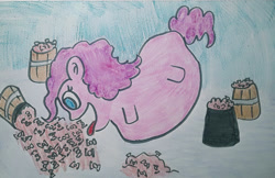 Size: 1280x829 | Tagged: safe, artist:dex stewart, imported from derpibooru, pinkie pie, earth pony, pony, eating, fat, obese, piggy pie, pudgy pie, traditional art