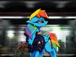 Size: 1890x1417 | Tagged: safe, artist:filly909, artist:imadeus, imported from derpibooru, rainbow dash, pony, angular, backpack, backwards cutie mark, clothes, female, glasses, looking away, mare, metro, solo, subway, uniform, wonderbolts uniform