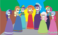 Size: 1388x827 | Tagged: safe, artist:caido58, imported from derpibooru, applejack, fluttershy, pinkie pie, rainbow dash, rarity, sci-twi, starlight glimmer, sunset shimmer, twilight sparkle, alicorn, equestria girls, clothes, humane eight, humane five, humane seven, humane six, long skirt, mane six, skirt, twilight sparkle (alicorn), victorian