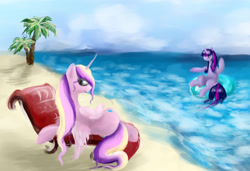 Size: 1500x1024 | Tagged: safe, artist:shizyaa, imported from derpibooru, princess cadance, twilight sparkle, alicorn, pony, unicorn, beach, chair, duo, inner tube, palm tree, sisters-in-law, sunglasses, tree, unicorn twilight, water