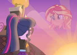 Size: 1024x723 | Tagged: safe, artist:emeraldblast63, imported from derpibooru, sci-twi, sunset shimmer, twilight sparkle, equestria girls, bittersweet, canterlot high, clothes, cute, ending to equestria girls, goodbye, jacket, memory, sad, sunset, sweet, symbolism