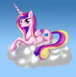 Size: 900x902 | Tagged: safe, artist:novabrush, imported from derpibooru, princess cadance, alicorn, pony, birb, cloud, raised hoof, sitting