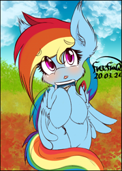 Size: 2057x2868 | Tagged: safe, artist:freefraq, imported from derpibooru, daring do, rainbow dash, pegasus, pony, :<, bipedal, blushing, book, cheek fluff, cloud, cute, ear fluff, embarrassed, eyebrows, eyebrows visible through hair, female, fluffy, hoof fluff, hoof hold, looking at you, mare, open mouth, outdoors, shoulder fluff, sky, solo, wing fluff, wings