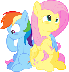 Size: 1920x2000 | Tagged: safe, artist:alexdti, imported from derpibooru, fluttershy, rainbow dash, pegasus, pony, blushing, cute, dashabetes, female, flutterdash, folded wings, hoof over mouth, hug, lesbian, looking away, looking up, mare, one wing out, playing with hair, raised hoof, shipping, shyabetes, simple background, sitting, smiling, transparent background, winghug, wings