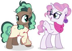 Size: 6681x4778 | Tagged: safe, artist:cirillaq, imported from derpibooru, minty mocha, raspberry latte, earth pony, pony, unicorn, absurd resolution, clothes, duo, female, glasses, mare, raised hoof, simple background, transparent background, vector