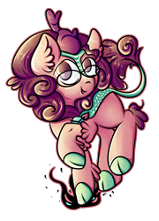 Size: 2498x3470 | Tagged: safe, artist:coco-drillo, imported from derpibooru, oc, oc only, oc:nouth, kirin, pony, chest fluff, chibi, ear fluff, fire, glasses, horn, jumping, looking at you, raised hoof, simple background, smiling, solo, transparent background