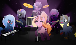 Size: 3000x1800 | Tagged: safe, artist:katelynleeann42, imported from derpibooru, oc, oc only, oc:berrie brush, oc:black diamonds, oc:crystal lilies, oc:dusk harmony, oc:hazy lights, oc:shadow rhythm, earth pony, unicorn, drum set, drums, female, guitar, keyboard, keyboards, male, mare, musical instrument, stallion