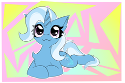 Size: 3543x2362 | Tagged: safe, artist:galacticguardian, artist:jubyskylines, imported from derpibooru, trixie, pony, unicorn, :3, abstract background, chest fluff, cute, diatrixes, female, horn, lying down, mare, prone, smiling, solo