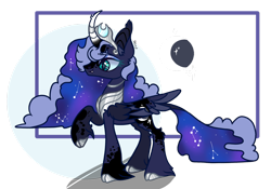 Size: 1920x1342 | Tagged: safe, artist:caramelbolt24, imported from derpibooru, princess luna, alicorn, pony, alternate design, cloven hooves, constellation, curved horn, ear fluff, ethereal mane, female, galaxy mane, hoof fluff, horn, jewelry, mare, peytral, raised hoof, signature, simple background, solo, tiara, transparent background, wings