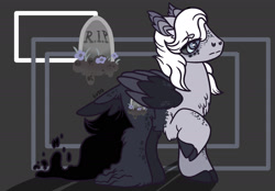 Size: 1668x1163 | Tagged: safe, artist:caramelbolt24, imported from derpibooru, oc, oc only, oc:eventide, hybrid, pegasus, pony, abstract background, cloven hooves, ear fluff, gravestone, interspecies offspring, looking back, male, offspring, parent:discord, parent:princess luna, parents:lunacord, pegasus oc, raised hoof, signature, solo, transgender, two toned wings, wings