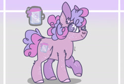 Size: 2388x1638 | Tagged: safe, artist:caramelbolt24, imported from derpibooru, oc, oc only, oc:glitter jar, earth pony, pony, abstract background, colored hooves, ear fluff, earth pony oc, female, magical lesbian spawn, mare, offspring, parent:pinkie pie, parent:twilight sparkle, parents:twinkie, raised hoof, signature, smiling, solo, transgender