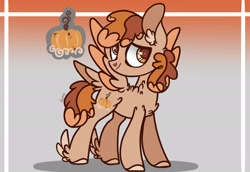 Size: 2388x1641 | Tagged: safe, artist:caramelbolt24, imported from derpibooru, oc, oc only, oc:pumpkin spice, oc:pumpkin spice latte, pegasus, pony, abstract background, chest fluff, ear fluff, looking back, magical lesbian spawn, male, offspring, parent:applejack, parent:pinkie pie, parents:applepie, pegasus oc, signature, smiling, solo, stallion, two toned wings, wings