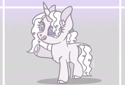 Size: 2387x1635 | Tagged: safe, artist:caramelbolt24, imported from derpibooru, oc, oc only, oc:sparkling snows, classical unicorn, pony, unicorn, abstract background, cloven hooves, ear fluff, eyelashes, female, horn, leonine tail, magical lesbian spawn, mare, offspring, open mouth, parent:pinkie pie, parent:rarity, parents:raripie, raised hoof, signature, smiling, solo, unicorn oc, unshorn fetlocks