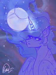 Size: 1536x2048 | Tagged: safe, artist:kaifeather, imported from derpibooru, princess luna, alicorn, pony, ethereal mane, female, horn, magic, magic aura, mare, moon, solo, stars