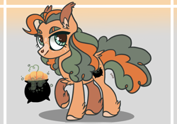 Size: 2388x1668 | Tagged: safe, artist:caramelbolt24, imported from derpibooru, oc, oc only, oc:pumpkin brew, earth pony, pony, abstract background, cauldron, colored hooves, ear fluff, earth pony oc, female, magical lesbian spawn, mare, offspring, parent:applejack, parent:pinkie pie, parents:applepie, signature, smiling, solo