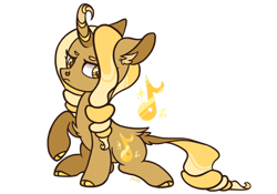 Size: 1920x1342 | Tagged: safe, artist:caramelbolt24, imported from derpibooru, oc, oc only, oc:golden glitter, classical unicorn, pony, unicorn, cloven hooves, curved horn, ear fluff, female, frown, horn, leonine tail, magical lesbian spawn, mare, offspring, parent:fluttershy, parent:rarity, parents:flarity, raised hoof, signature, simple background, sitting, solo, story included, transparent background, unicorn oc, unshorn fetlocks