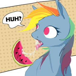 Size: 2000x2000 | Tagged: safe, artist:baccizoof, artist:vosaznosa, imported from derpibooru, rainbow dash, pegasus, pony, bust, cel shading, dots, drool, drool string, female, food, gross, herbivore, jelly, mare, modern art, mouth, no pupils, pop art, shading, simple, simple background, solo, speech bubble, suggestive eating, tongue out, watermelon, wingless