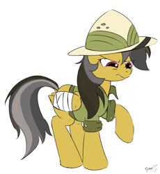 Size: 1279x1391 | Tagged: safe, artist:ponerino, imported from derpibooru, daring do, bandage, colored, digital art, flat colors, hat, scrunchy face