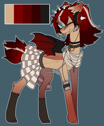 Size: 1240x1501 | Tagged: safe, artist:wisteriations, imported from derpibooru, oc, oc only, oc:scarlet song, bat pony, pony, bandana, bat pony oc, bat wings, blue background, chains, choker, clothes, collar, ear piercing, earring, female, headband, headphones, jewelry, mare, markings, multicolored hair, necklace, nose piercing, one eye closed, phone, piercing, reference sheet, simple background, skirt, snake bites, socks, solo, stockings, thigh highs, tongue out, tongue piercing, wings, wink