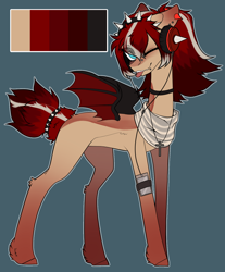 Size: 1240x1501 | Tagged: safe, alternate version, artist:wisteriations, imported from derpibooru, oc, oc only, oc:scarlet song, bat pony, pony, bandana, bat pony oc, bat wings, blank flank, blue background, chains, choker, ear piercing, earring, female, headband, headphones, jewelry, mare, markings, multicolored hair, necklace, nose piercing, one eye closed, phone, piercing, reference sheet, simple background, snake bites, solo, tongue out, tongue piercing, wings, wink