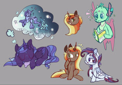 Size: 1600x1120 | Tagged: safe, artist:caramelbolt24, imported from derpibooru, oc, oc only, alicorn, hybrid, pony, unicorn, alicorn oc, book, bust, dream, ear fluff, female, gray background, grin, horn, interspecies offspring, magical gay spawn, mare, offspring, parent:spike, parent:thorax, parents:applelestia, parents:shiningluna, parents:thoraxspike, reading, signature, simple background, sitting, sleeping, smiling, solo, unicorn oc, wings